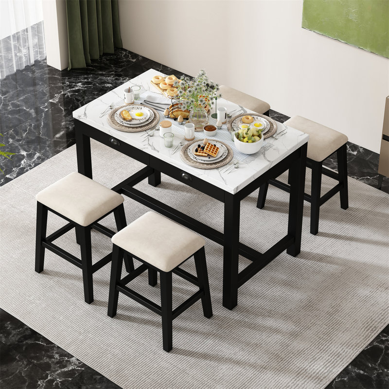 Latitude Run 5 Piece Modern Faux Marble Versatile Bar Table Set With Storage Drawers And Padded Stools Ideal For Space Saving Dining Nooks Or Small Kitchens Wayfair